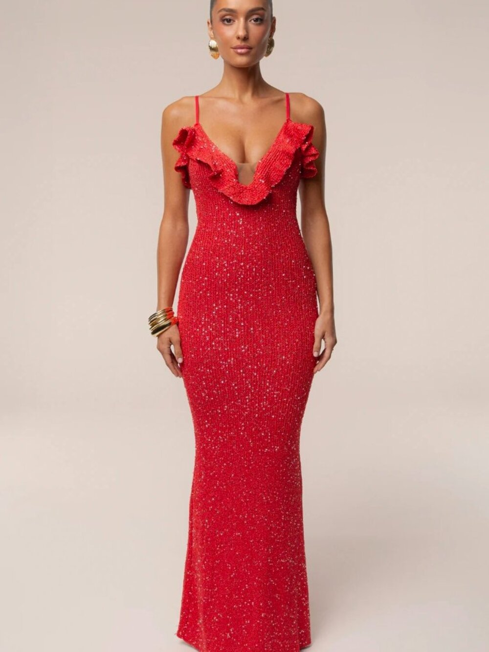 JLUXLABEL Red Beaded Ruffle V-Neck Maxi Dress